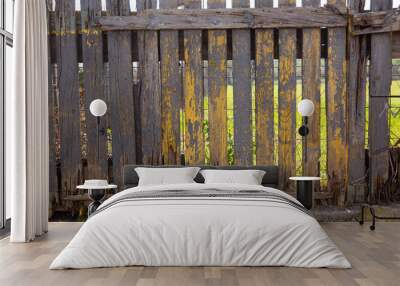 Closeup of old rotten wooden garden fence on background with green grassland.. Wall mural