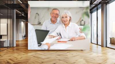 Couple of elderly man and woman discussing deal with male salesman in kitchen home Wall mural