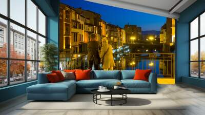 Evening view of river bank with old houses of Castres city, France Wall mural