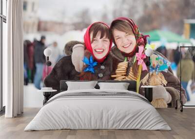 girls with pancake during shrovetide Wall mural