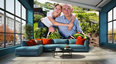 Joyful couple with a basket of vegetables in the garden. High quality photo Wall mural