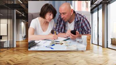 Mature couple with phone calculation money sitting at table Wall mural