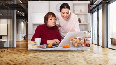 Mature women sitting and using laptop with  daughter Wall mural