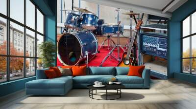 modern music instruments and equipments for rock band in empty rehearsal room Wall mural