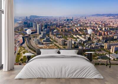 Panoramic aerial view of modern area of Diagonal Mar i el Front Maritim del Poblenou in coastal zone of Barcelona, Spain Wall mural