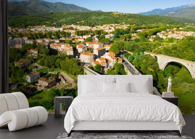 Panoramic view from above on the city Ceret. France Wall mural