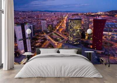 Panoramic view from drone of night Barcelona. Plaza de Europa with Fira Barcelona Gran Via conference center Wall mural