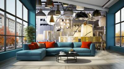 Picture of different modern lamp with lights in the store Wall mural