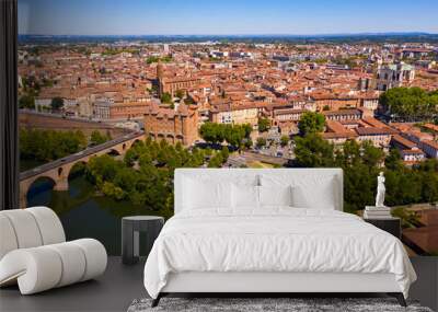 Picturesque view from drone of summer cityscape of Montauban with arched Old Bridge over river Tarn in summer day, Occitanie, France Wall mural