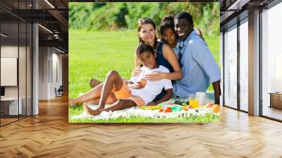 Portrait of cheerful mixed race parents with two children posing together during family picnic on green lawn in summer city park Wall mural