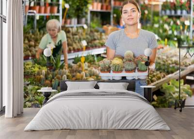 Smiling young woman customer choosing decorative cactus in flower-pot in open-air plants market Wall mural