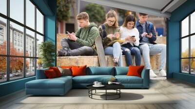 Teenage schoolers boys and girls using their gadgets outside on sunny day Wall mural