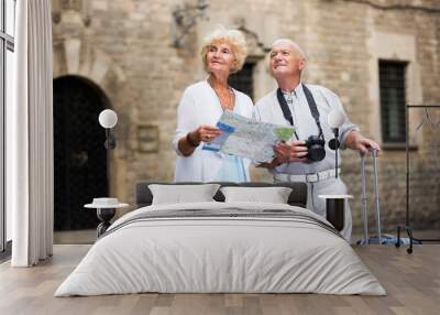 travellers with suitcases visiting sights of European city Wall mural