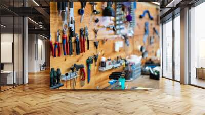 Variety of hand tools for bicycle repair neatly arranged on wooden wall in specialized professional bike workshop Wall mural