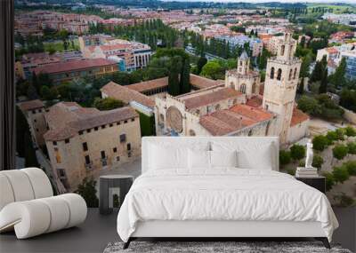 View from drone of ancient Benedictine abbey in Sant Cugat del Valles, Catalonia, Spain. Wall mural