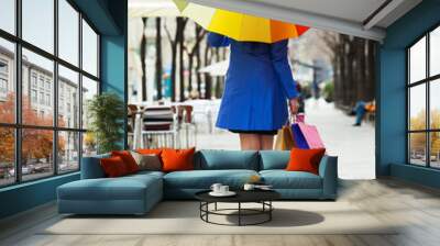 woman with purchases and umbrella Wall mural