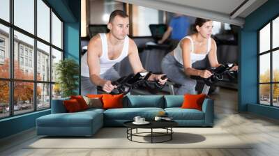 Young athletic man in sportswear training on exercise bike in gym Wall mural