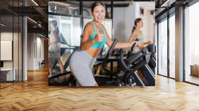 Young sporty girl working out on elliptical machine in gym. Healthy active lifestyle concept Wall mural