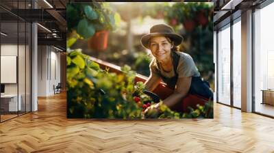 A smiling portrait of a female gardener in her forties in her greenhouse, who has just harvested her organic strawberries. Generative ai Wall mural