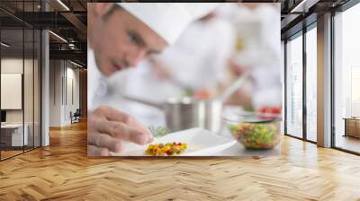 closeup on chef garnishing a plate Wall mural