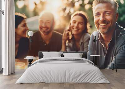 meeting with friends in the garden on a summer evening. A handsome man looks at the camera Wall mural