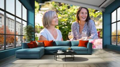 Portrait of two beautiful women in their forties, a brunette and a blonde. They share a terrace meal in the garden with friends Wall mural