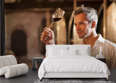 professional winemaker examining a glass of red wine in a tradit Wall mural