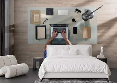 top view, a man sitting at tidy desk and working on his laptop Wall mural