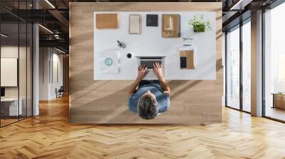 top view, a man sitting at tidy desk and working on his laptop Wall mural