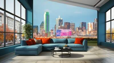 Colorful downtown Dallas Texas city skyline on a cloudy blue evening Wall mural