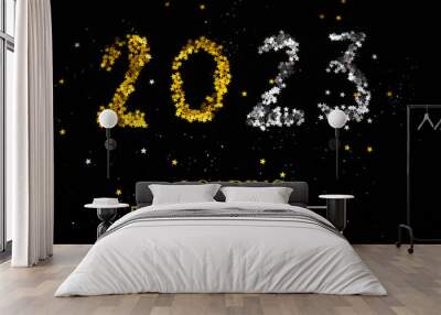 New Year 2023. New Year's card with text. The inscription is made of gold and silver sequins on a black background. Wall mural