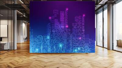 abstract technology background; digital building in a matrix style; technological city combined with lighting effect Wall mural