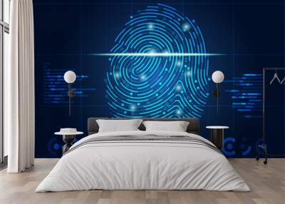 concept of digital security or biometrics, electronic fingerprint on scanning screen Wall mural