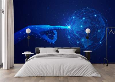 concept of global network or communication technology, futuristic hand pointing on wireframe globe Wall mural