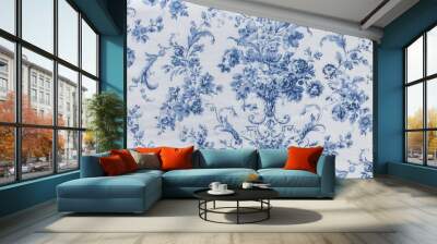 Retro Blue Floral Pattern Fabric Background Vintage Style Wall mural