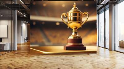 Golden Trophy cup on podium with stadium background, 3d render Wall mural