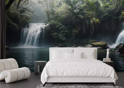 waterfall in the forest, a beautiful cascade in tropical forest, water falling from mountain to a small pond, beautiful natural stream  background for travel tourism brochures, copy space Wall mural