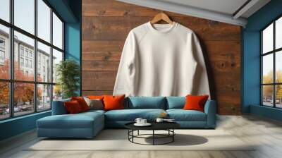 White sweatshirt hanging on wooden wall, clothing mockup template Wall mural