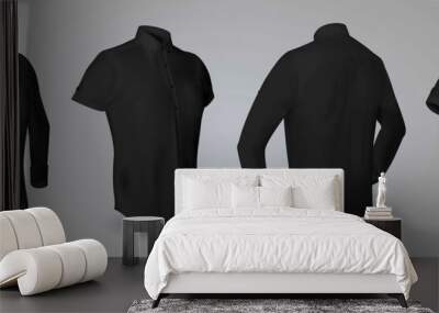 Black male shirt with long and short sleeves and buttons in front, back and side view, isolated on a gray background. 3D realistic vector illustration, pattern formal or casual shirt Wall mural