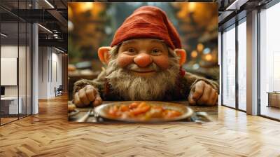 A smiling mythical gnome at the dinner table Wall mural