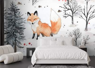 Nursery tales wallpaper pattern of a fox in a winter landscape Wall mural