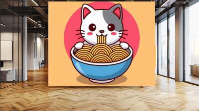 cute cat eat ramen cartoon vector illustration Wall mural