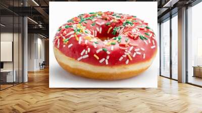 Sweet strawberry glazed donuts with sprinkles on white background Wall mural