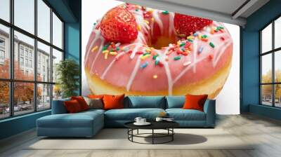 Sweet strawberry glazed donuts with sprinkles on white background Wall mural