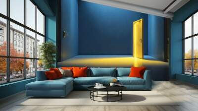 Yellow light inside the open door isolated on blue background Wall mural