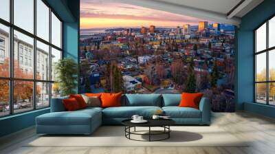 Aerial View of a Sunset over Downtown Anchorage, Alaska in Spring Wall mural