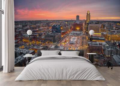 aerial view of a winter sunset in omaha, nebraska with holiday lights Wall mural