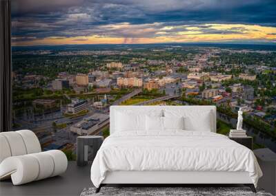 Aerial View of Downtown Fairbanks, Alaska during a stormy Summer Sunset Wall mural