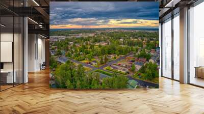 Aerial View of Downtown Fairbanks, Alaska during a stormy Summer Sunset Wall mural