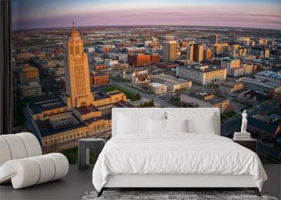 Aerial View of Downtown Lincoln, Nebraska at Twilight Wall mural